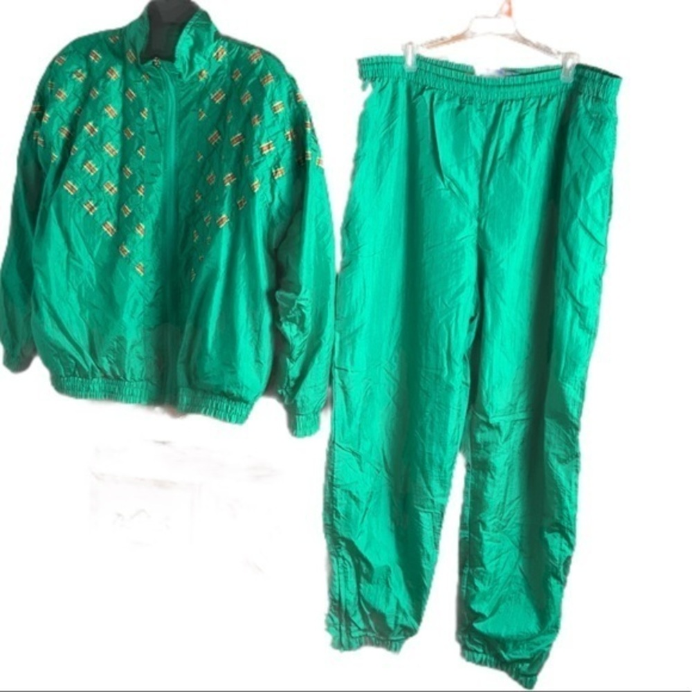 Vintage On Your Mark Green and Red Windbreaker/Track Suit Set Size Large